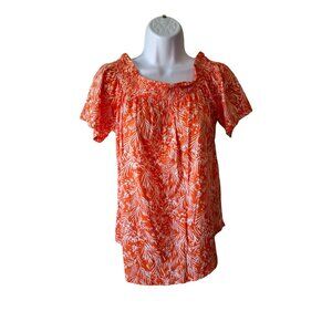 H&M L.O.G.G. Womens Smocked Top S Orange White Floral Short Sleeve Boho Hippie